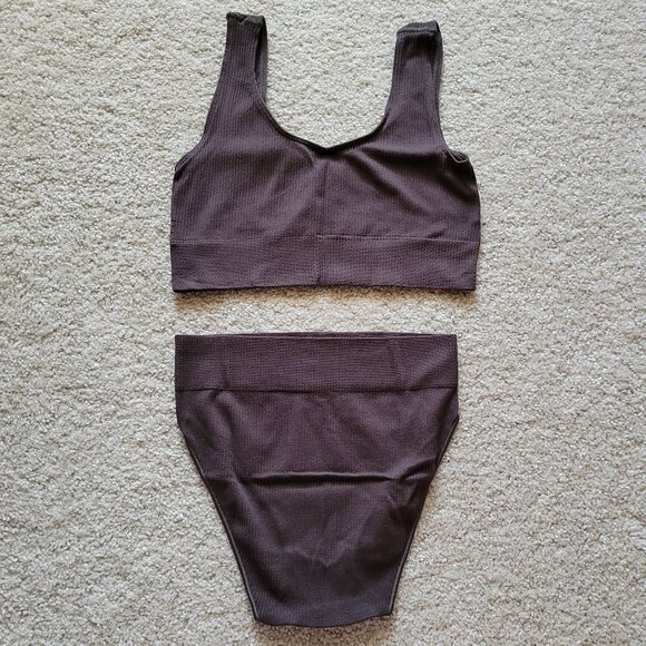 SKIMS Stretch Rib Scoop Bralette + Brief - Soot - L/XL - Picture 2 of 6